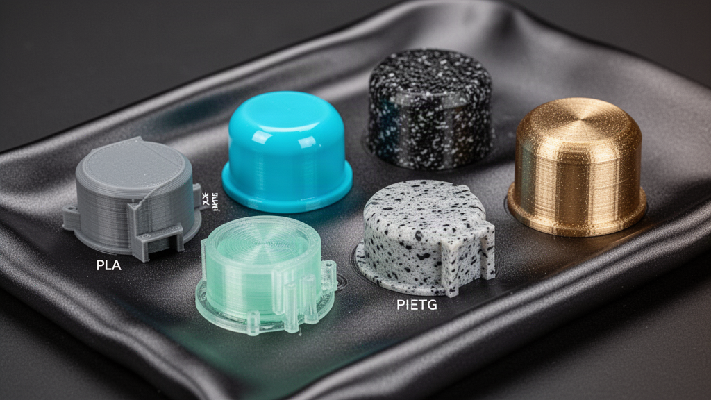 Examples of different 3D printing filament finishes including silk and metallic polymers