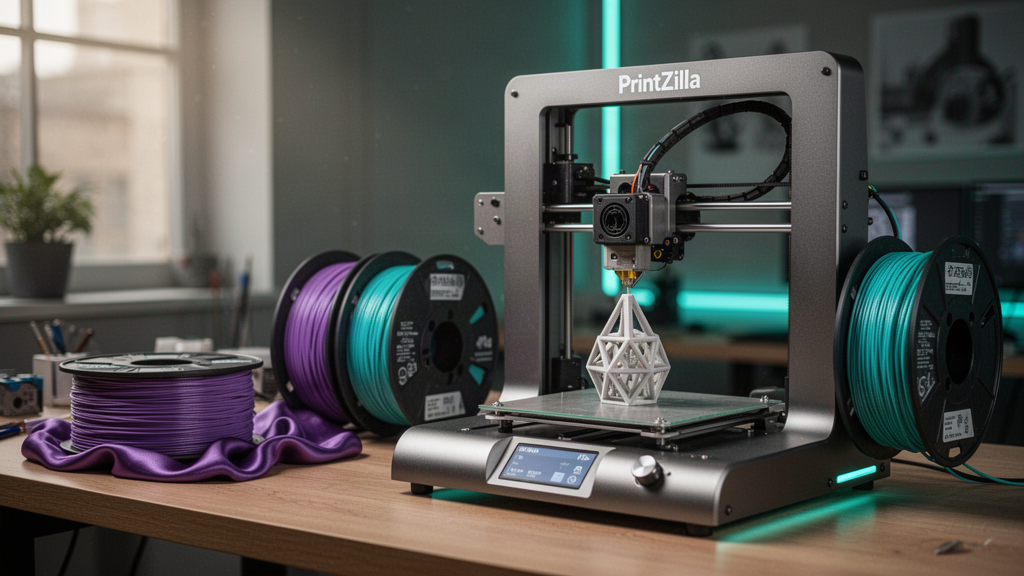 An FDM 3D printer depositing filament in a beautiful contemporary maker studio