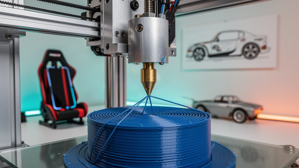 Close-up of a high-precision 3D printer depositing filament on an intricate prototype