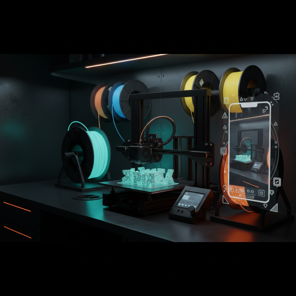 Illustration of PrintZilla virtual 3D printing in a cinematic live studio with a personalised creation