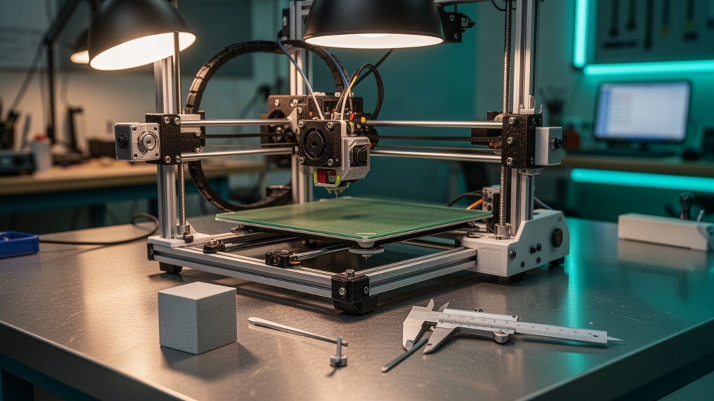 Detailed close-up of 3D printer linear rails bed and nozzle inspection
