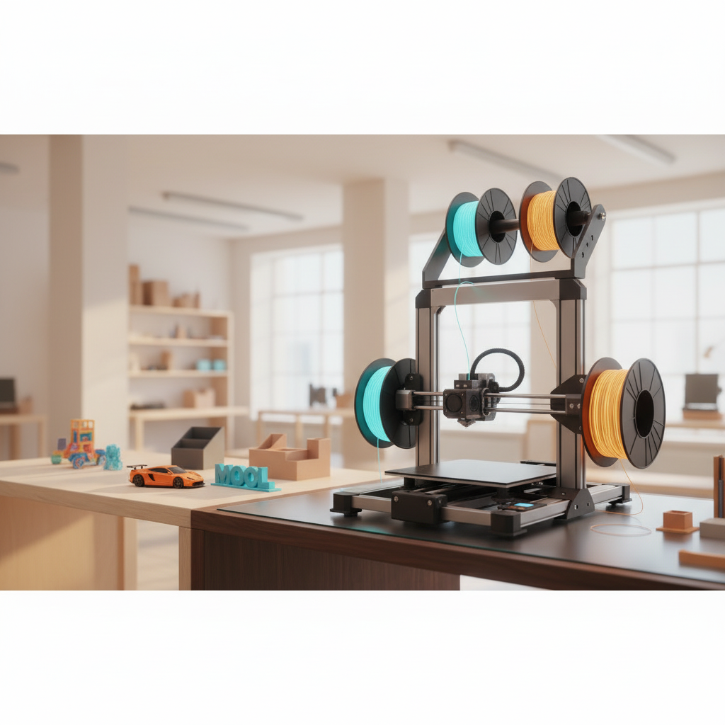 Cinematic illustration of a detailed four-reel PrintZilla printer in a contemporary invention studio with original miniature printed designs