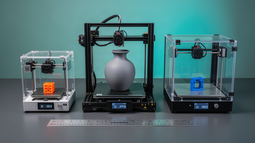 Small, medium and enclosed desktop 3D printers compared with differently sized printed objects