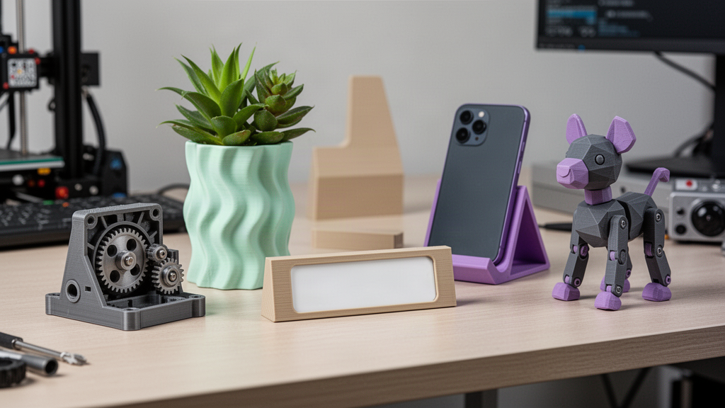 Collection of practical and decorative 3D printed examples on a studio bench