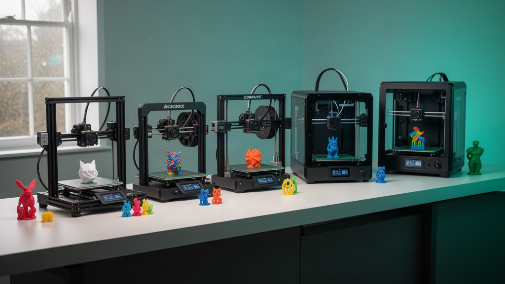 Editorial comparison of five original affordable desktop FDM 3D printer silhouettes in a modern studio