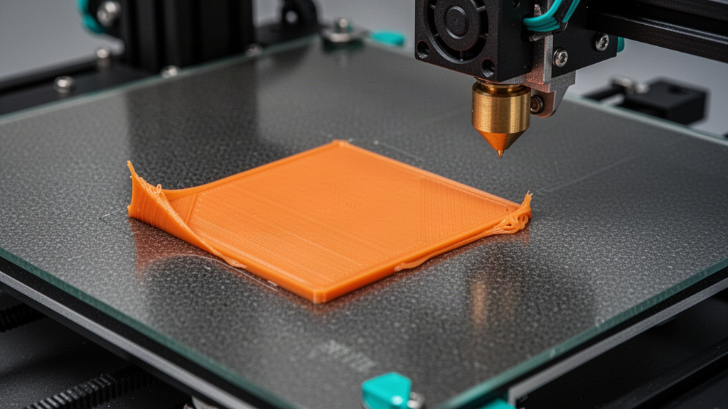 Macro close-up of a PLA first layer lifting at the corner of a textured 3D printer build plate